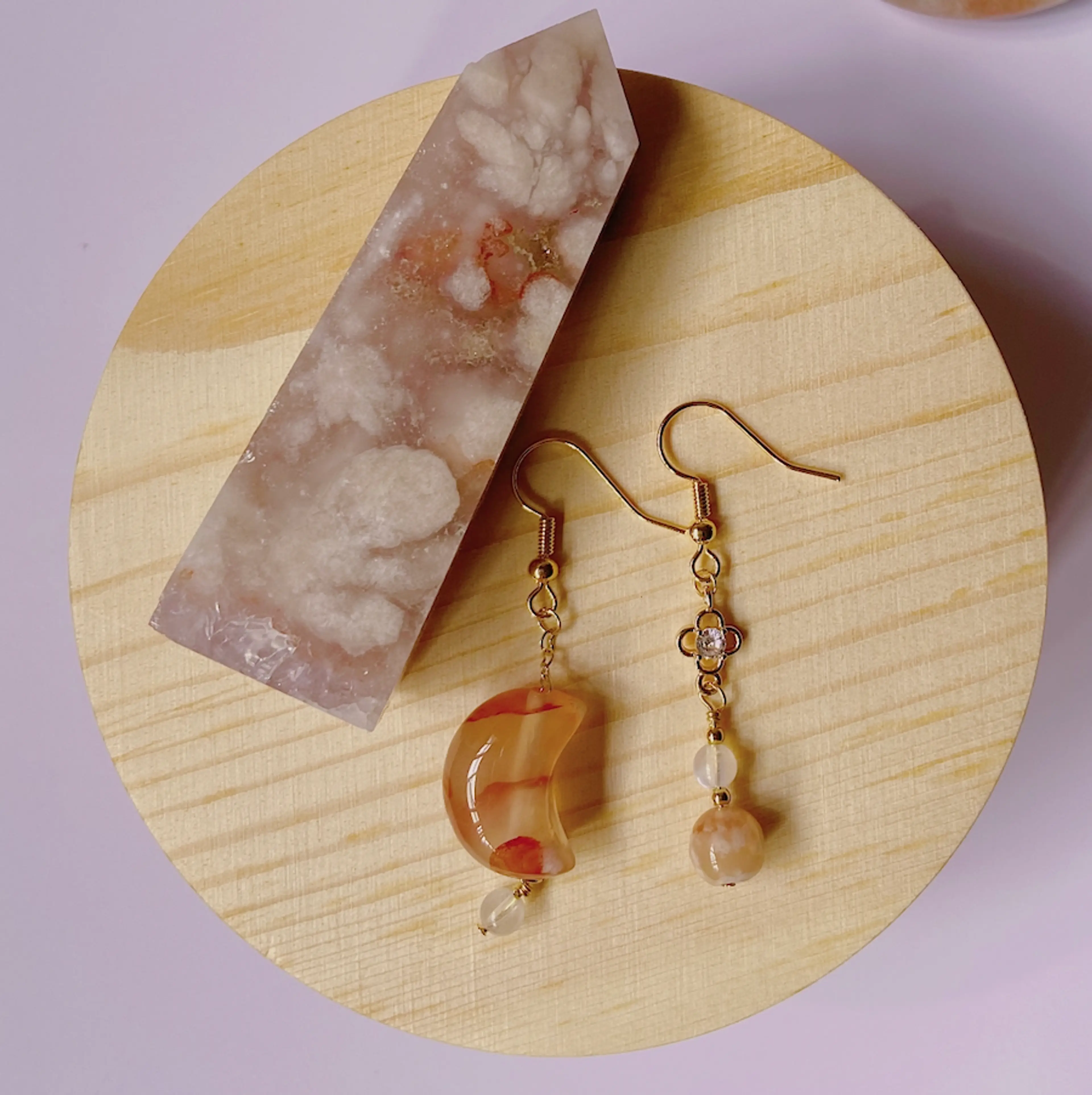 Flower Agate Moon Earrings (B)