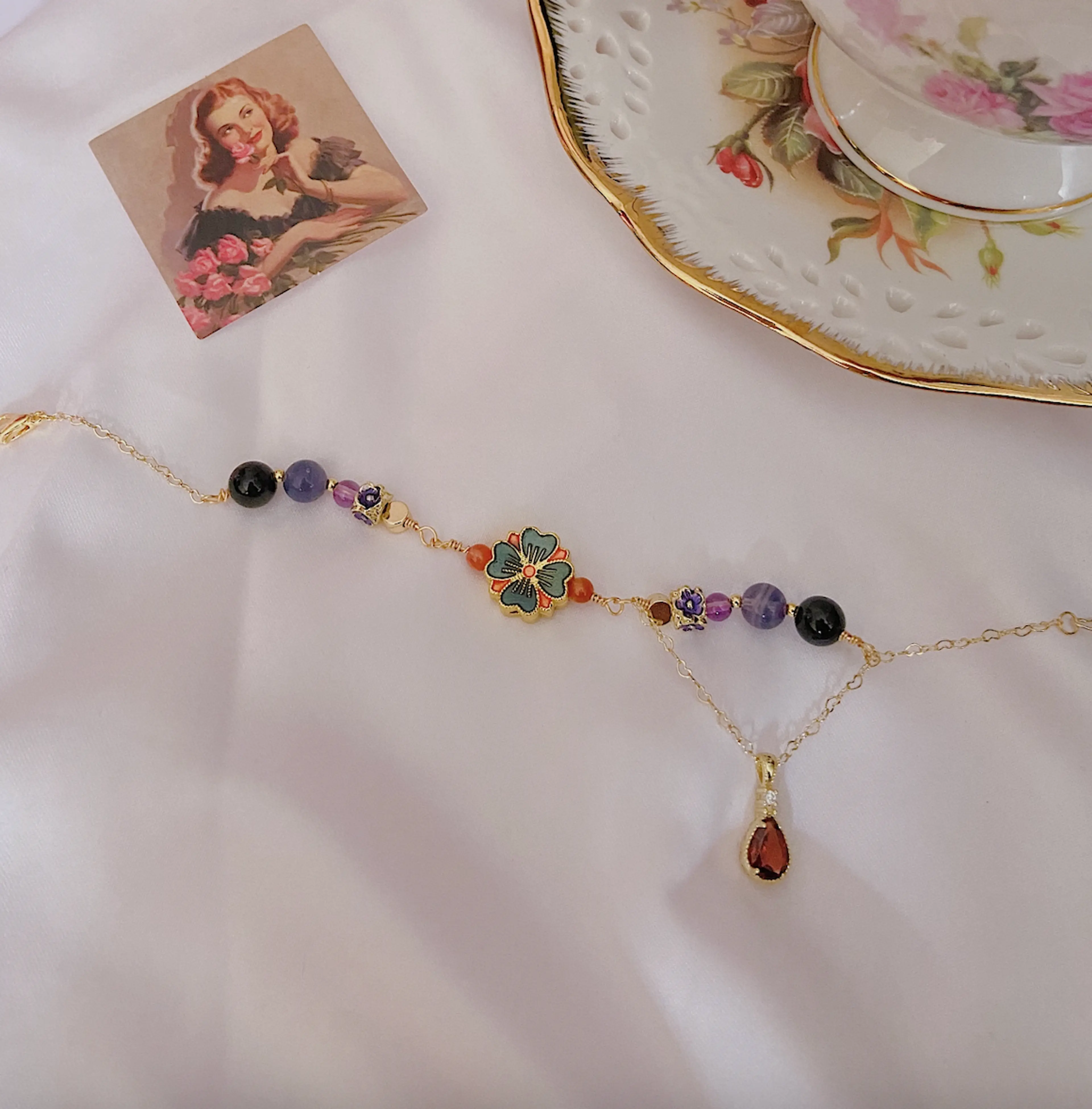 Blue Flower Vintage Charm Bracelet (with dangling garnet)