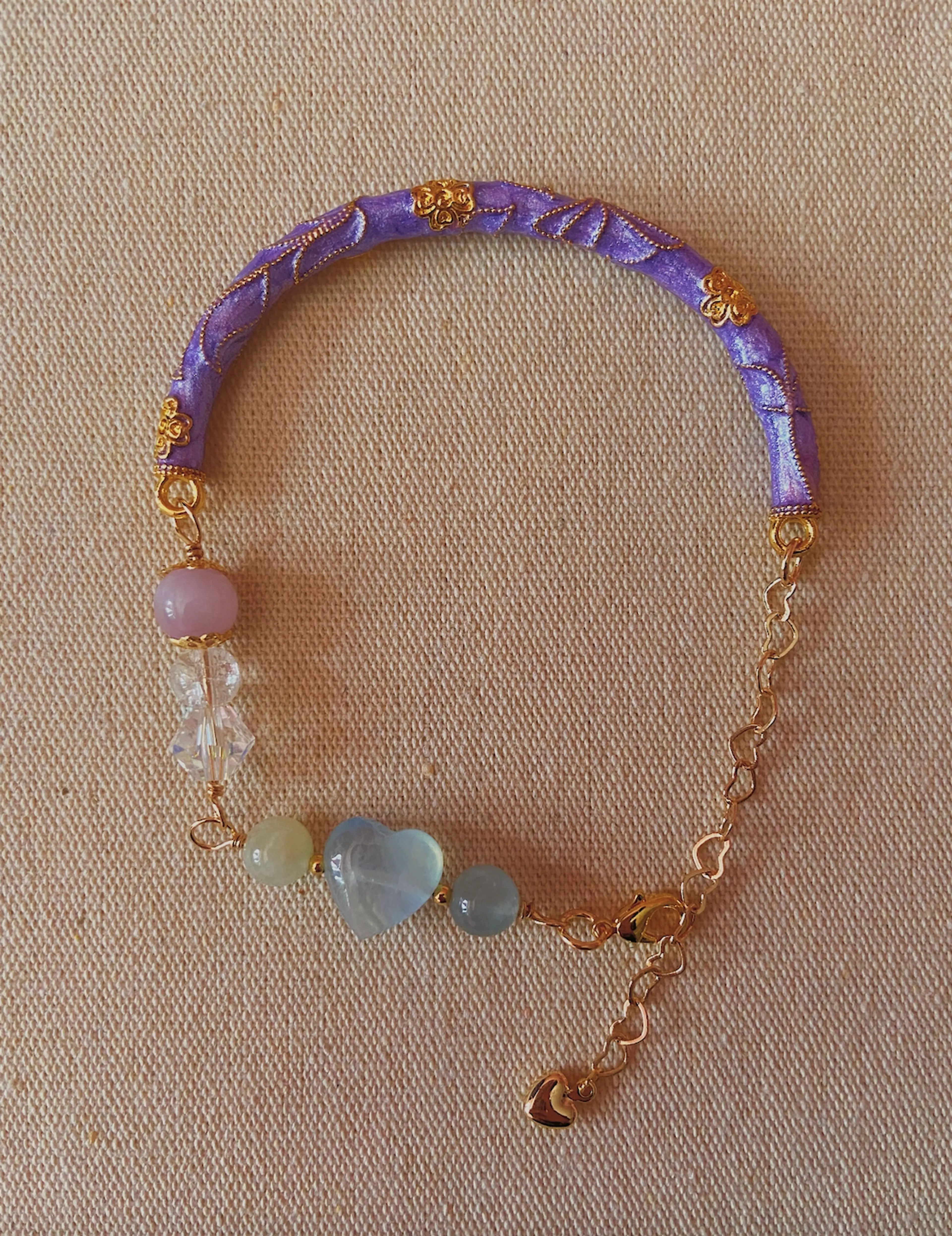 Purple Vintage Bangle Bracelet with Aquamarine Heart