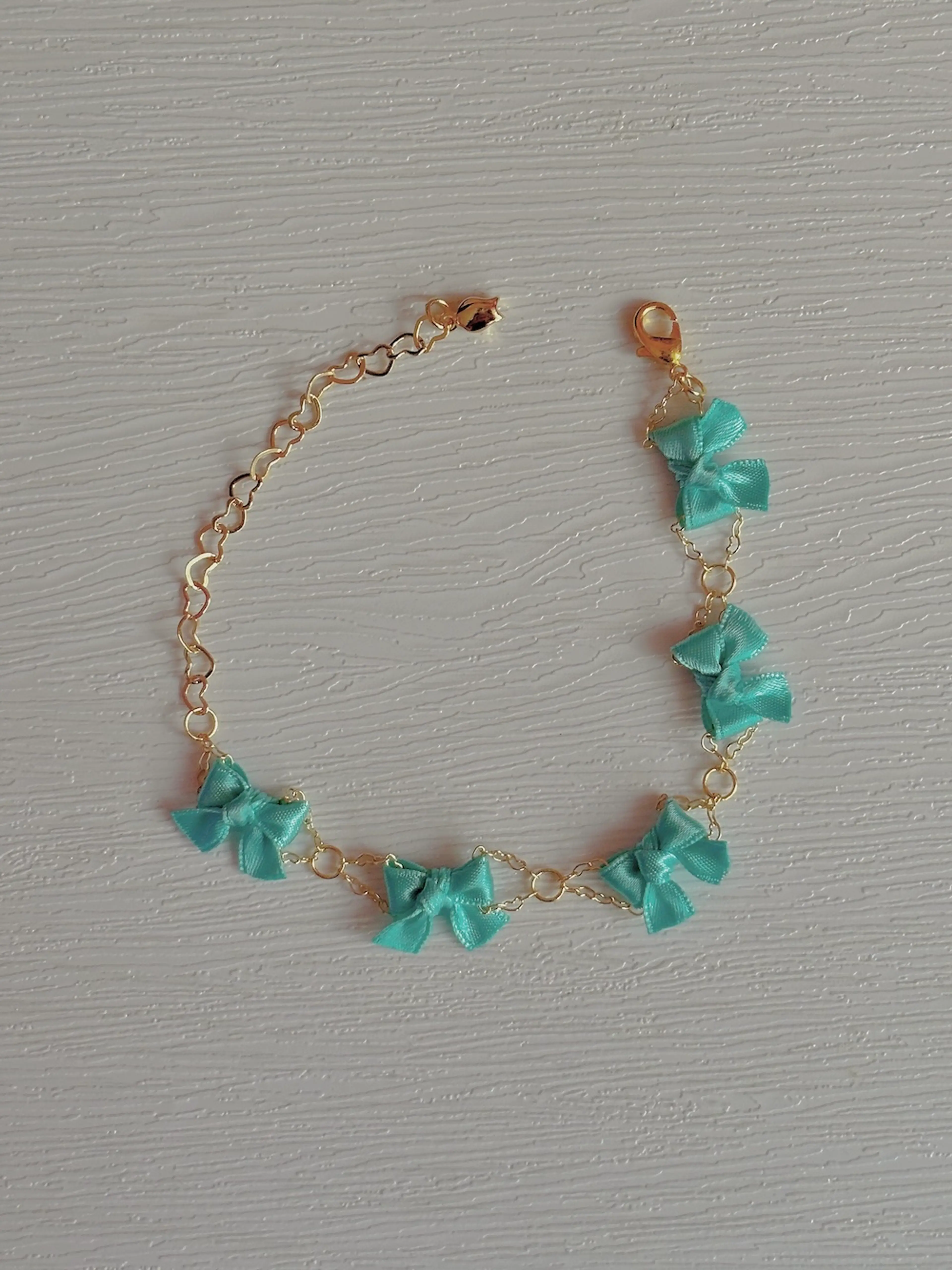 Mini Ribbon Bracelet (Teal) - Gold chain