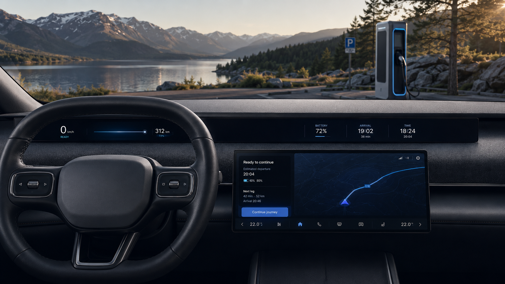 Arrival and charging state at a lakeside charging station: the central screen re-expands with charging progress and next-leg departure time.