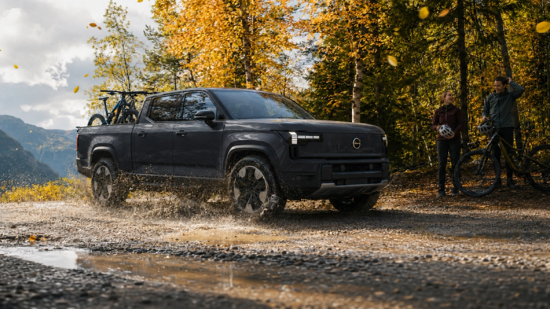 Speculative electric pickup study in Volvo design language — forest trail scene. Independent study, not affiliated with Volvo Cars.