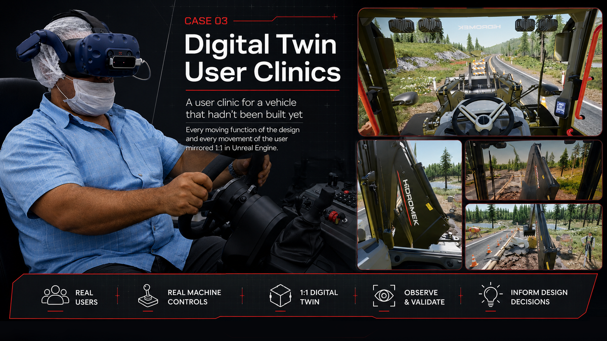 A clinic participant in a headset using the rig with a real steering wheel and industrial controls.