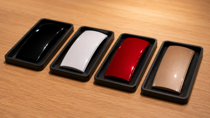 Macro view of four curved paint plaques — black, white, red, sand — on dark felt trays, showroom light raking across the finishes.