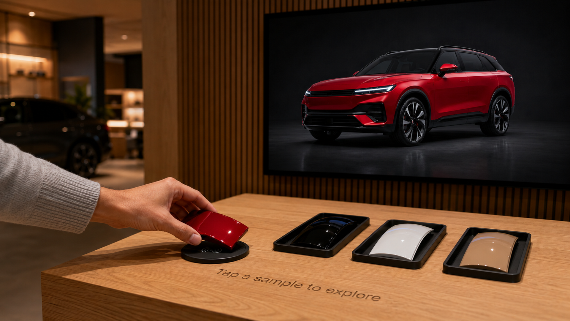 A hand places a red paint sample onto an NFC reader; the display behind changes the reconstructed SUV to the corresponding red colorway.