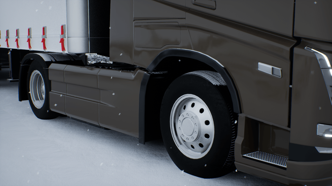 Close-up of the front wheel and fender of a bronze Volvo FH in snowfall, showing real-time material and lighting detail.