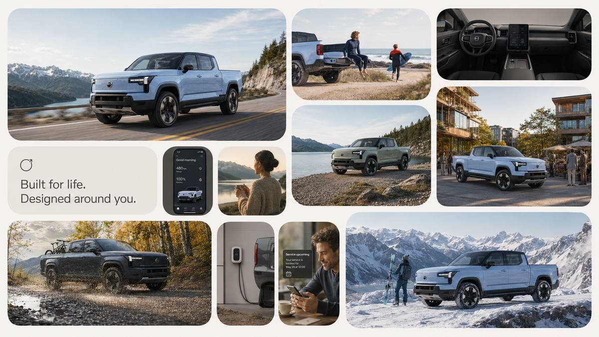 Campaign-style board for a speculative electric pickup study in Volvo design language: driving hero shot, lifestyle scenes across seasons, dark cabin with portrait touchscreen, companion app showing range and battery, home charging and service notification details, and the tagline "Built for life. Designed around you." Independent study, not affiliated with Volvo Cars.