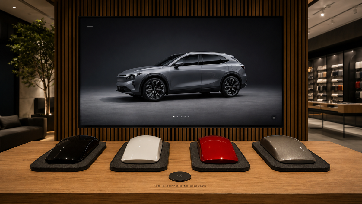 Wide view of a reconstructed showroom installation: a wooden table holding four curved paint sample plaques and an NFC reader, in front of a wall display showing a grey SUV and a material exploration interface.