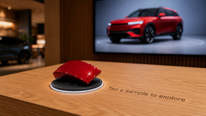 Close-up of the reader puck set into the oak table with the red plaque seated on it and a thin confirmation light ring glowing.