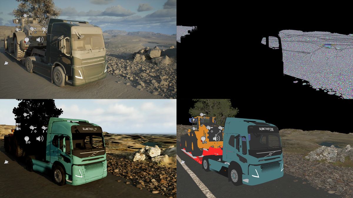 Four-panel Unreal Engine editor breakdown of the configurator scene: lit view, Nanite triangle visualization, and shading buffers.