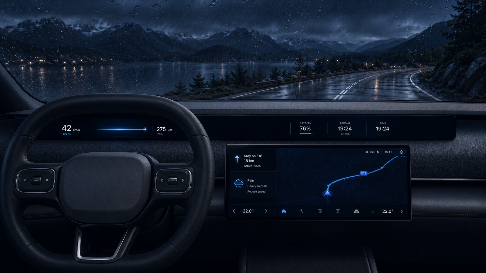 Night rain driving state: the panoramic display shows a short weather warning while the central screen compares the current stop with a covered alternative.