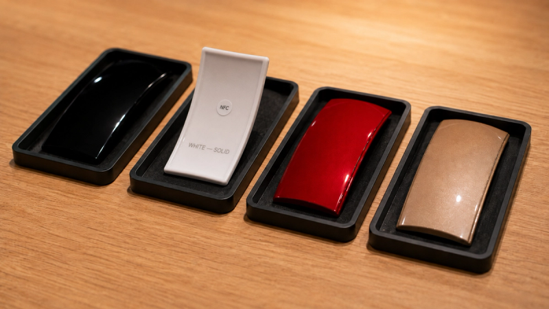 The white plaque lifted and tilted to reveal its underside: a round NFC sticker and an engraved label reading WHITE — SOLID.