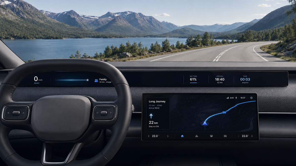 Conceptual EV cockpit on a Nordic mountain road. The panoramic driver display shows speed, battery and arrival time; the central screen shows a Long Journey route with the next manoeuvre.