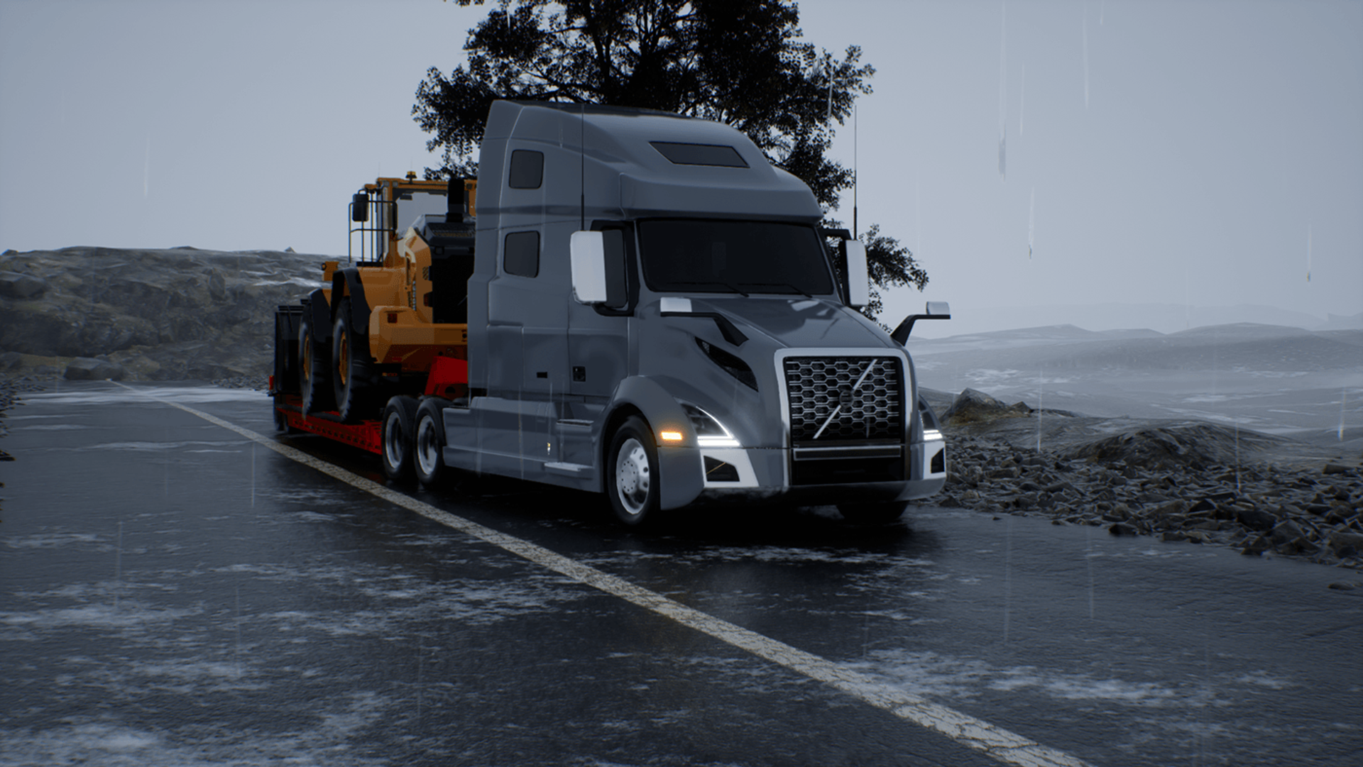 Gray Volvo VNL hauling a Volvo wheel loader on a heavy-haul lowbed along a rain-soaked mountain road, rendered in real time in Unreal Engine 5.
