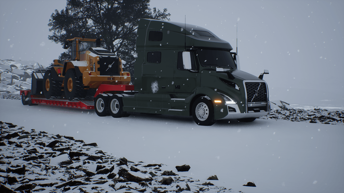 Dark green Volvo VNL configuration hauling a wheel loader through snowfall.