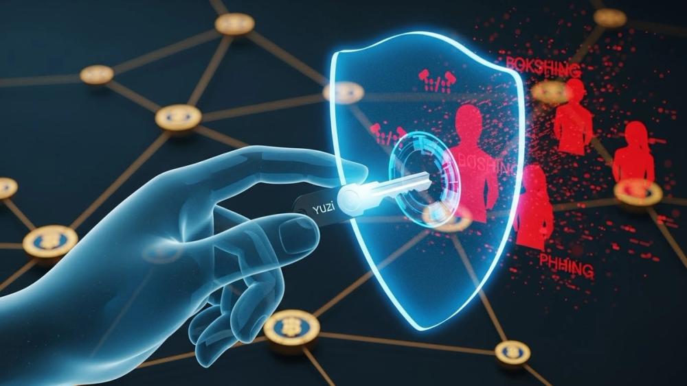 A conceptual image of a futuristic shield protecting a digital wallet from glowing AI-generated glitch silhouettes and binary code rain.