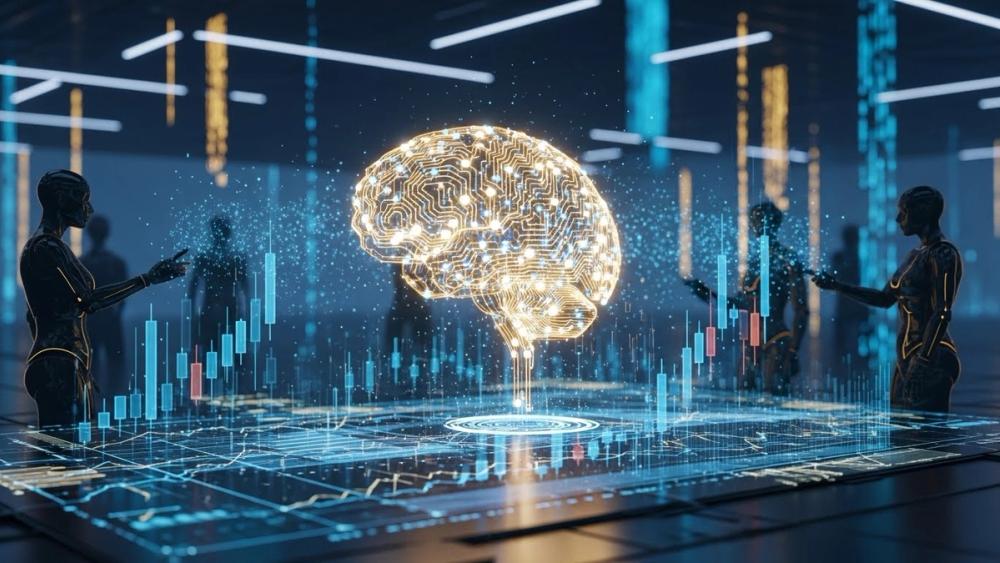 A conceptual visualization of a neural network interface overlaid on a decentralized exchange candlestick chart, with glowing autonomous bots navigating digital data streams.