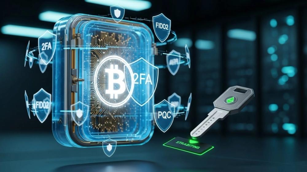 A high-tech digital shield protecting a glowing cryptocurrency wallet, with binary code rain and futuristic holographic security layers in the background.