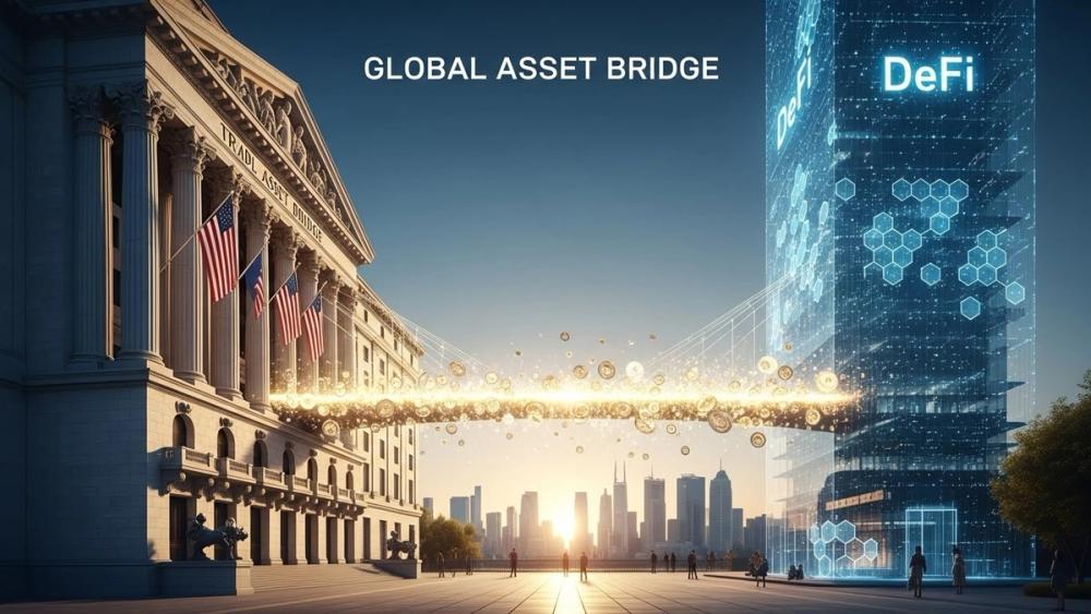 A high-end digital visualization of a golden bridge connecting a traditional stock exchange building to a glowing, decentralized blockchain network, symbolizing the flow of real-world assets into crypto.