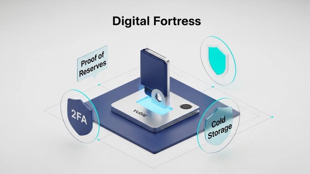 A clean, professional infographic style image showing a checklist of security features like 2FA, Cold Storage, and Proof of Reserves icons on a sleek tablet screen.
