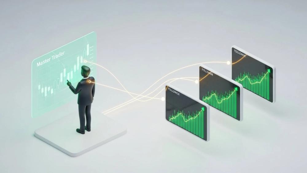 A digital interface showing a "Master Trader" profile with a green growth curve, and an "Auto-Copy" button being pressed by a user, symbolizing synchronized social trading.