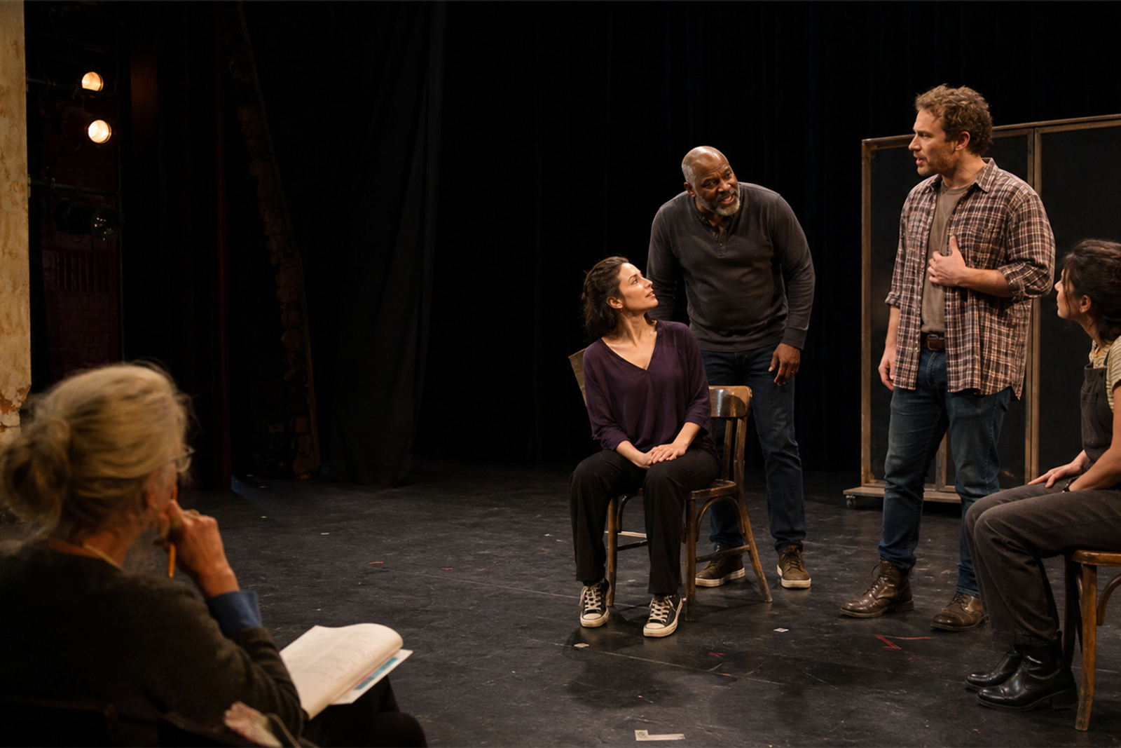 adults rehearsing on stage