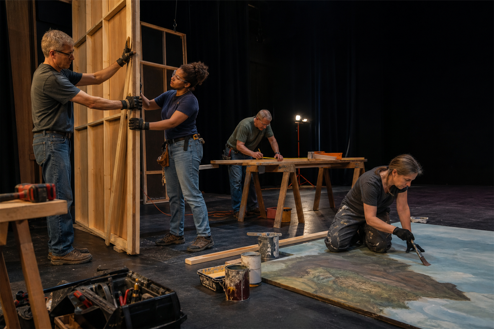 volunteers building a set