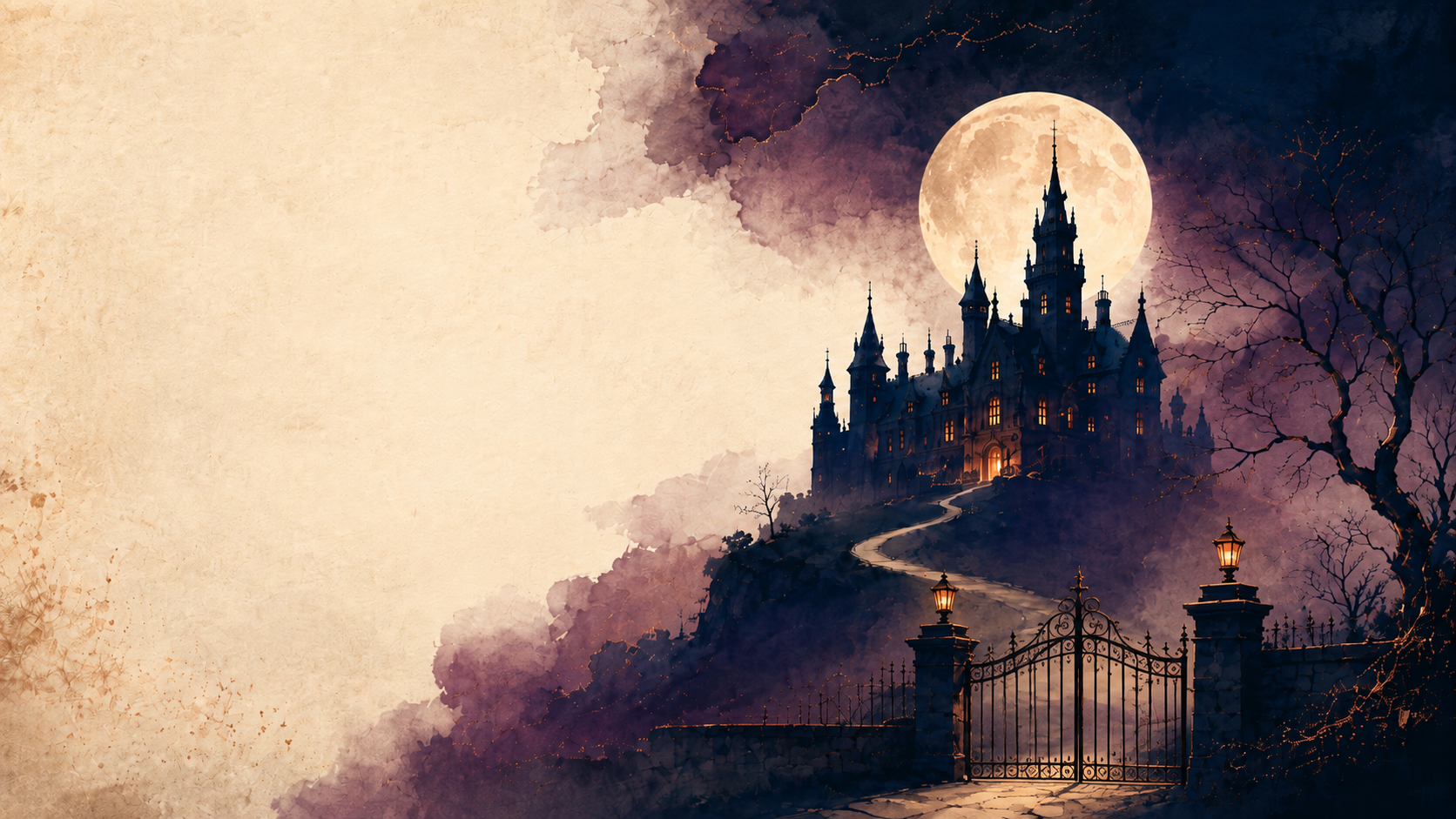 image of a spooky Victorian castle under a moon