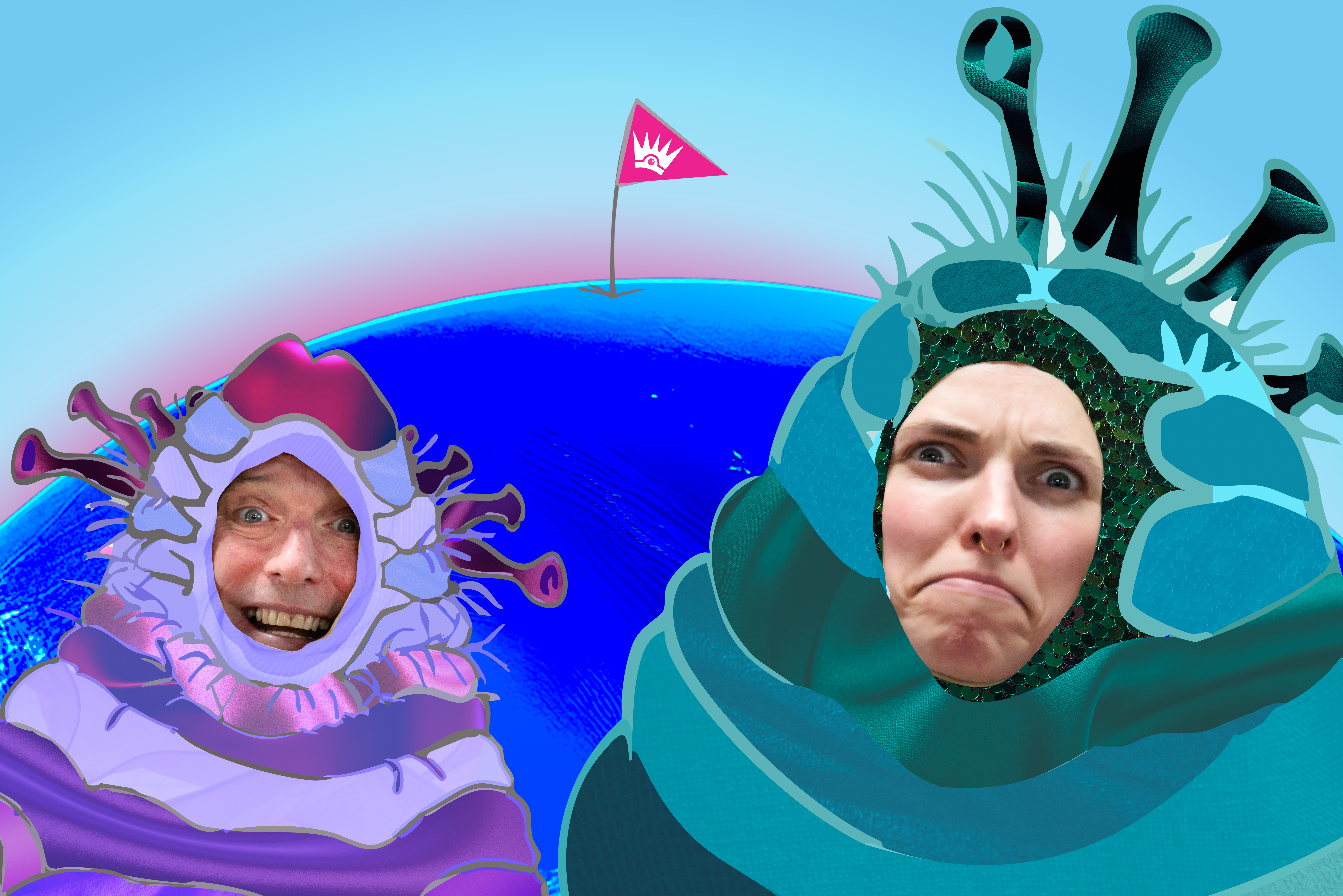 Two aliens on either side of the image, both have human like faces, one of them has a purple body, the other a teal/blue/green body, they're in front of a big blue planet and there's a small pink flag poking our of the planet.