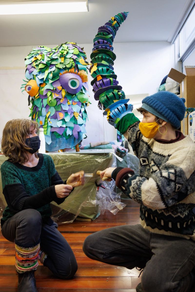 Makers Bryony Anderson and Greta Jean in the Terrapin workshop, 2022. Image: Peter Mathew