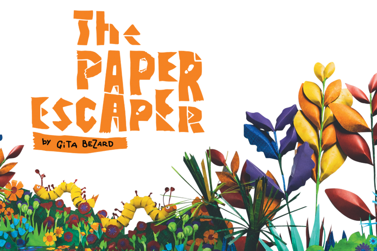 This is a graphic for The Paper Escaper, we see big orange text saying the name of the performance and along the bottom of the graphic is an array of flower like designs, multicoloured with two yellow caterpillars