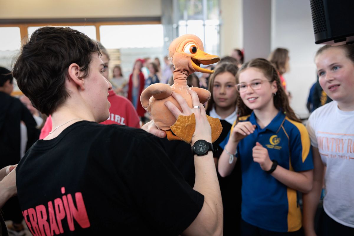 A group of school children are looking at one of the Terrapin performers holding up a small duck puppet