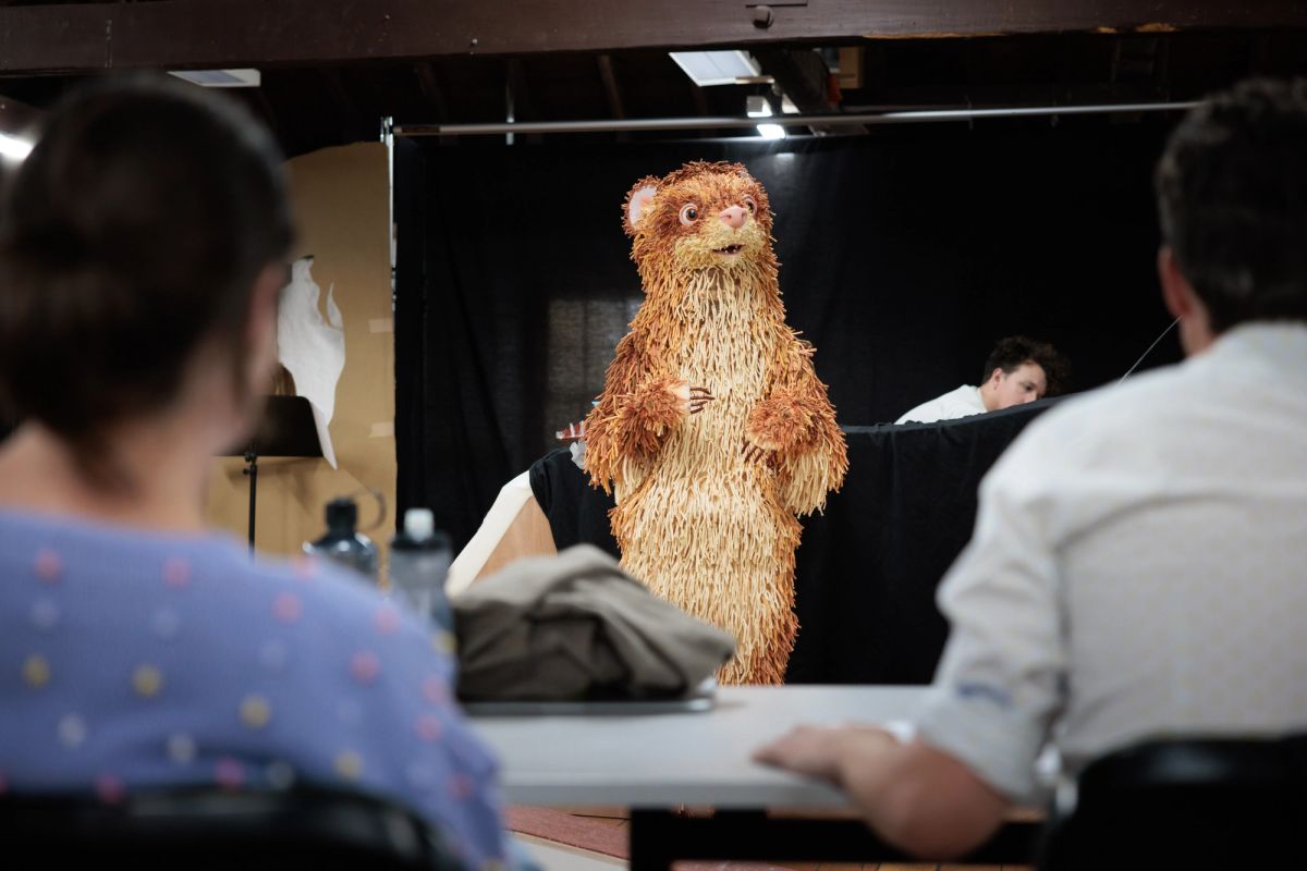 Feathers creative development, 2024. we see over two peoples back towards a giant ferret puppet performing.