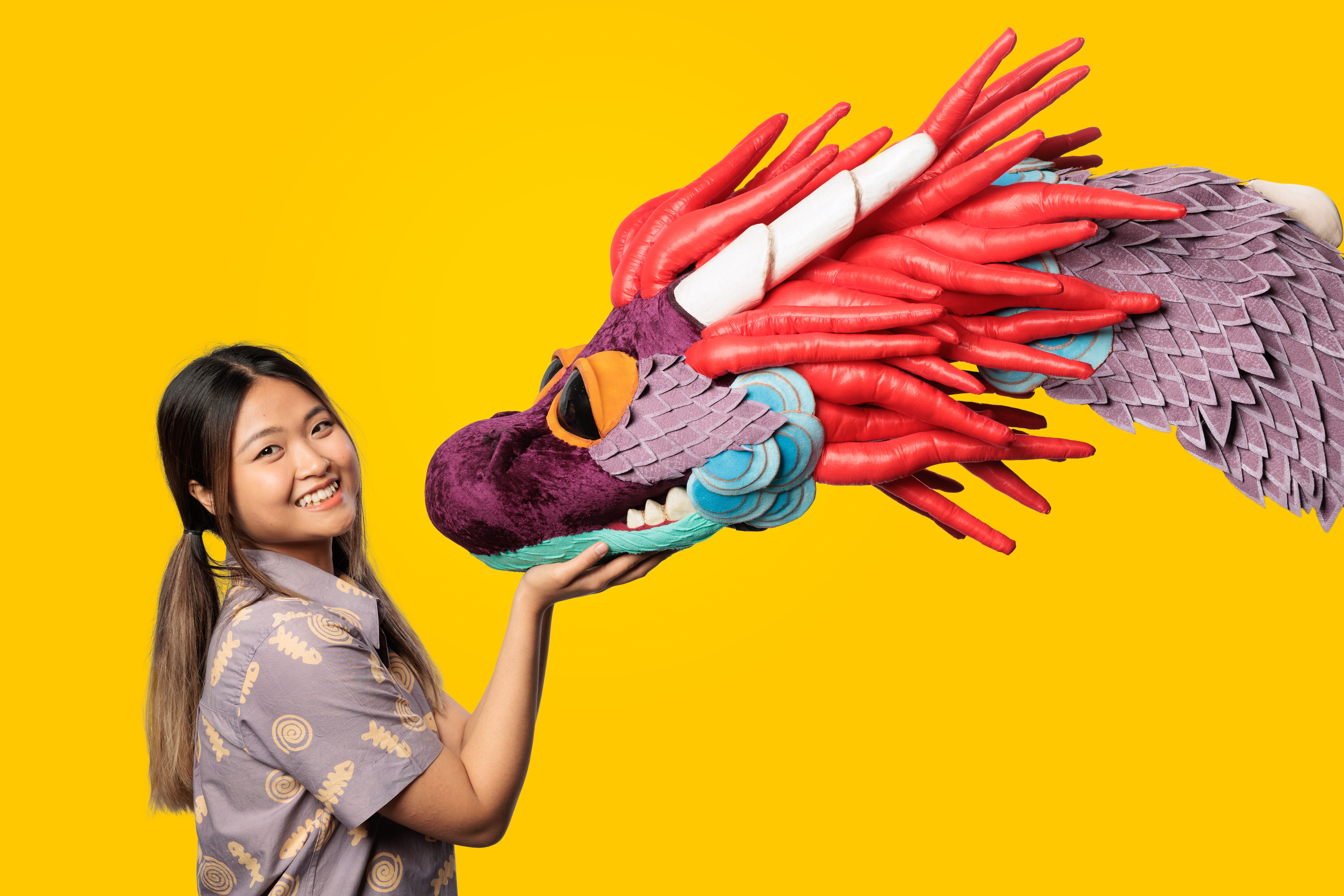 A person in the bottom left of the image holds their hands up touching the face of a dragon coming from the bottom right. The dragon is purple, with red parts coming from it's neck, blue scales around it's mouth and orange eyelids. This two are in front of a orangey/yellow backdrop.