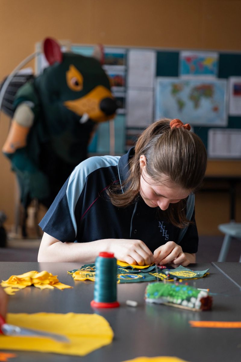 A student is sitting at a table with their head down, paying close attention to what they are doing, pinning pins into a map of school logos. These logos are all of the schools who have donated uniforms to the fur of Rum'un the TFC Devil Mascot. An unfinished Rum'un is hanging in the background, this was a making residency for artist Bryony Anderson to make the mascot with students from New Norfolk High School