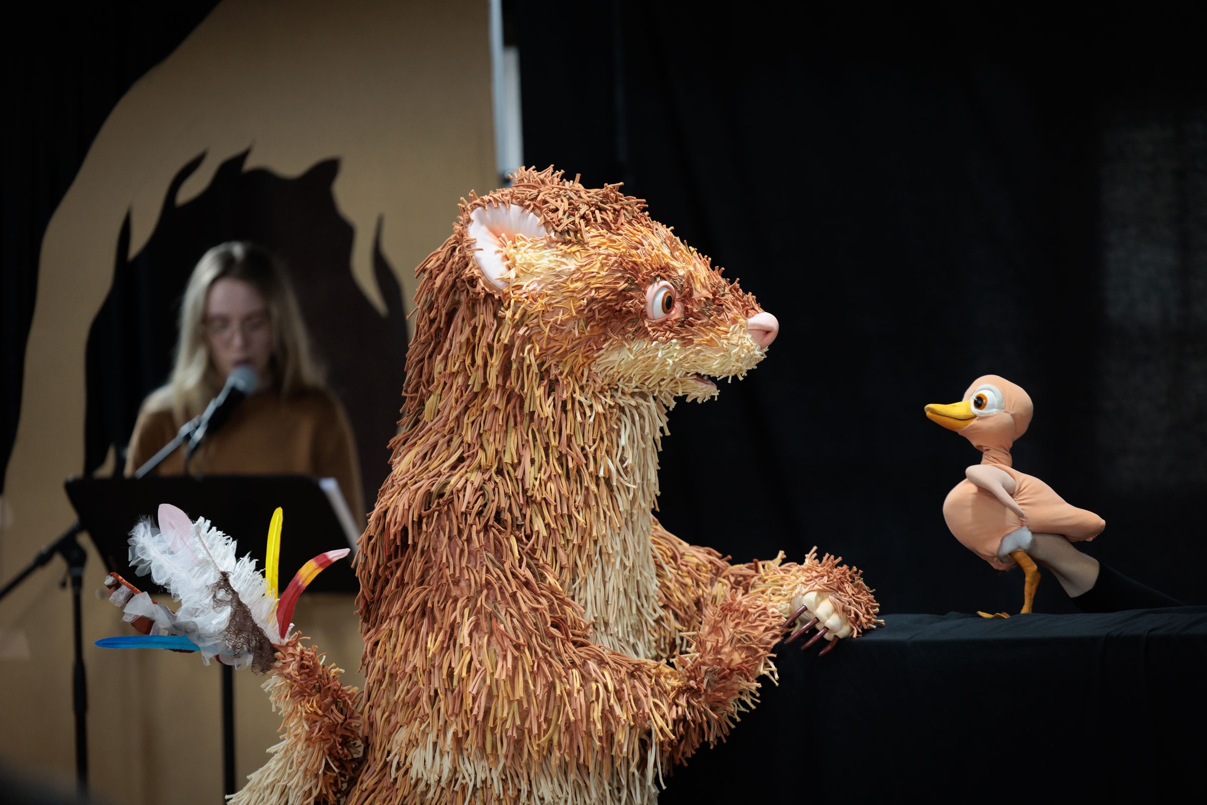 A little baby duck puppet faces a furry ferret puppet in front of a black backdrop.