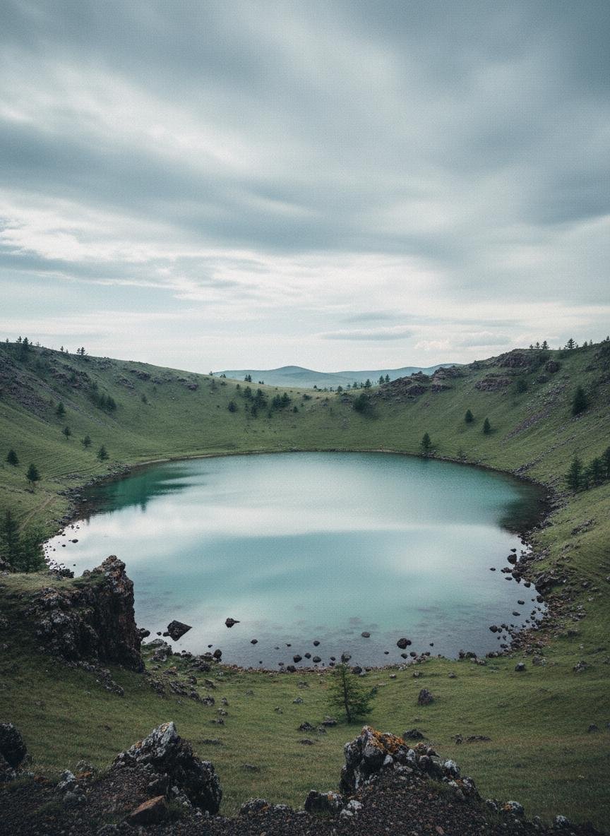 Khorgo volcano white lake under summer sky