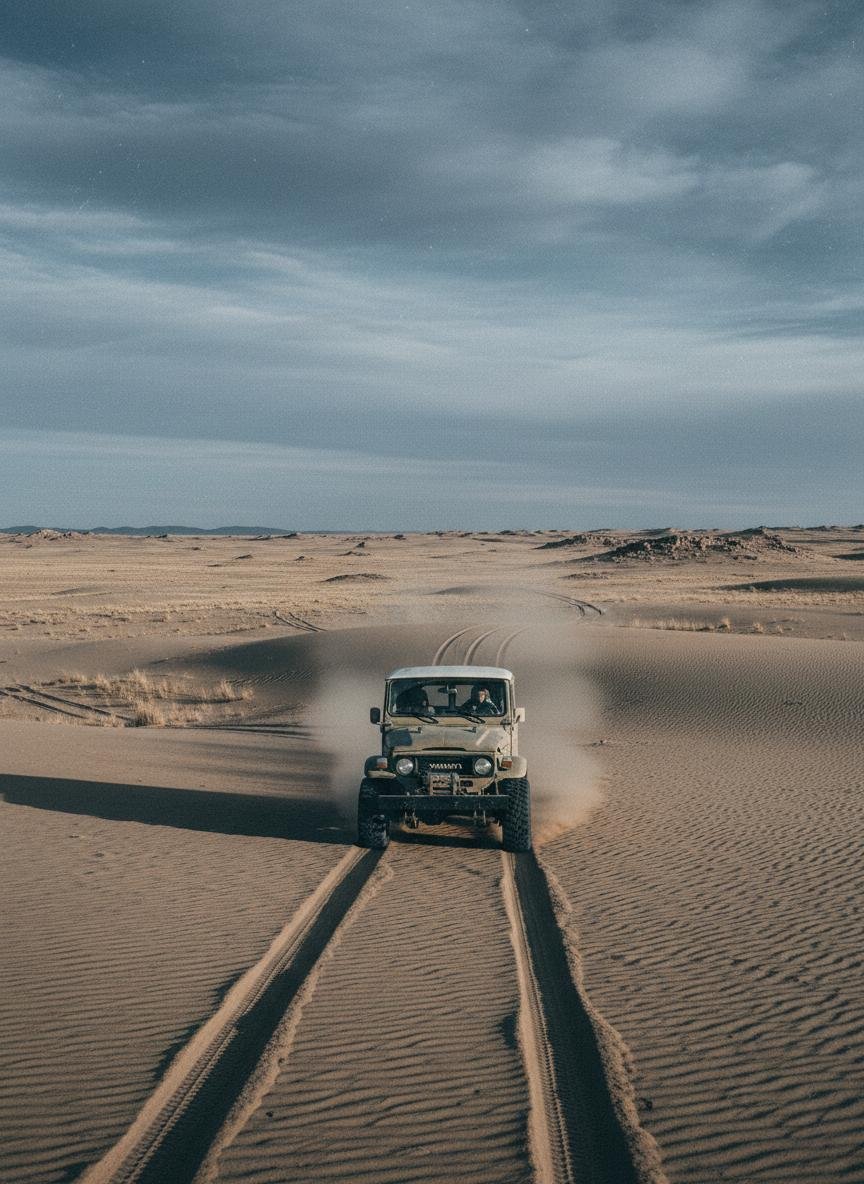 Straight desert road in the Gobi at golden hour