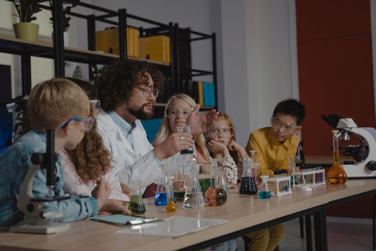 Students working in a school science laboratory