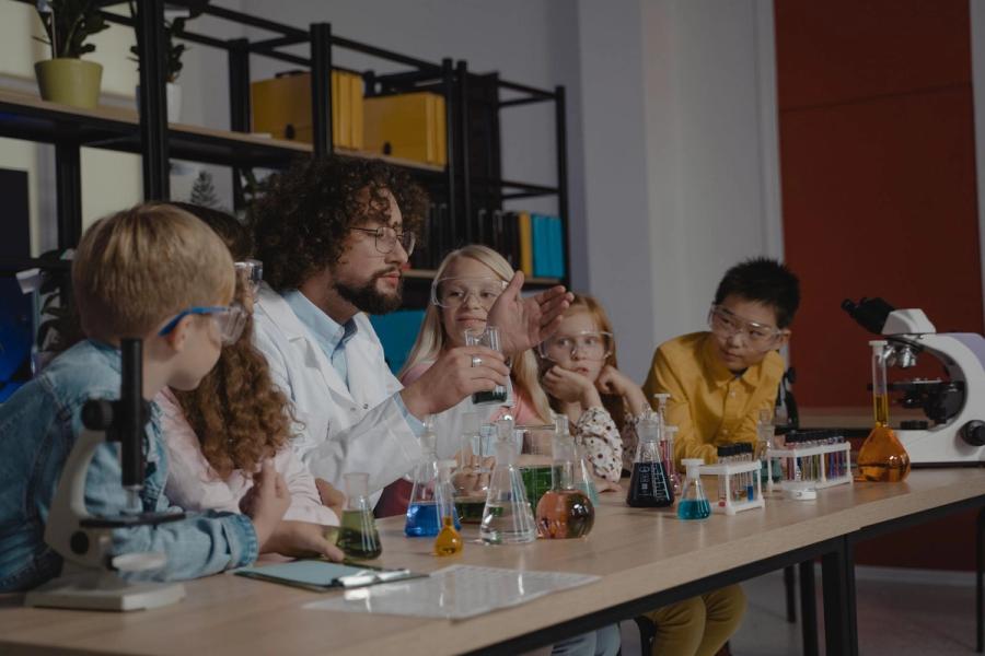 Students working in a school science laboratory