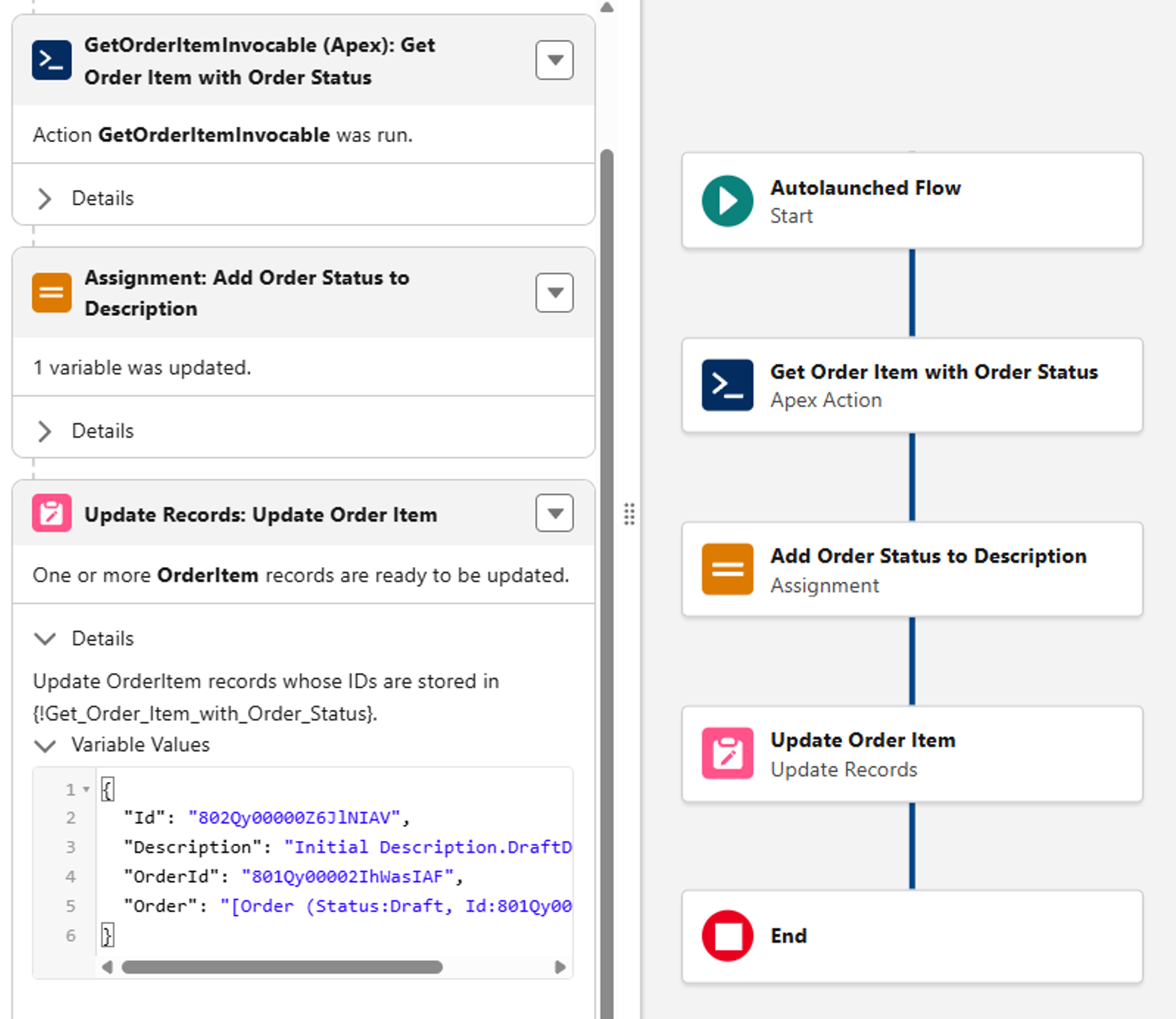 Salesforce Flow debug view showing an Apex query followed by a successful Flow Update Records operation.