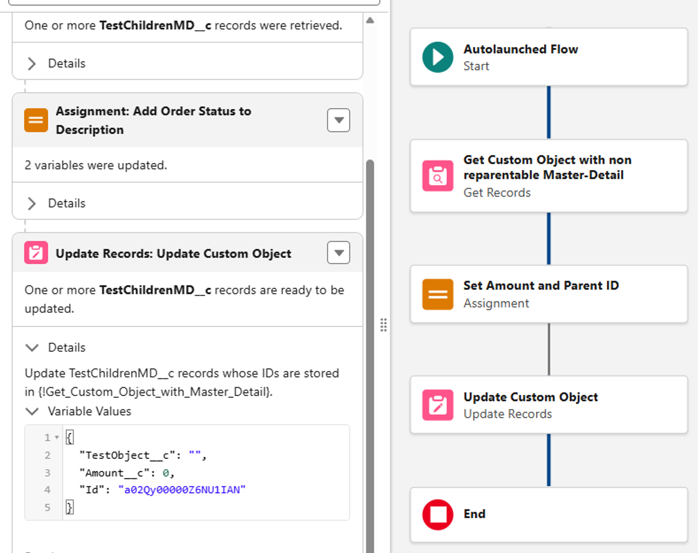 Salesforce Flow debug view showing an update on a custom object with a non-reparentable Master-Detail relationship.