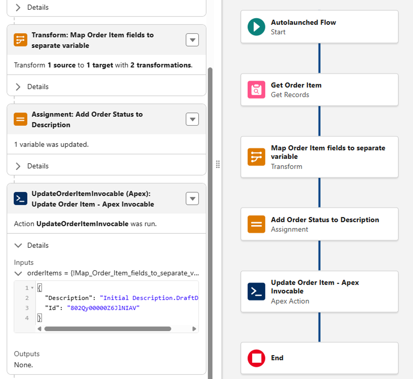 Salesforce Flow debug view showing a Transform without OrderId and a successful Apex Invocable Action.