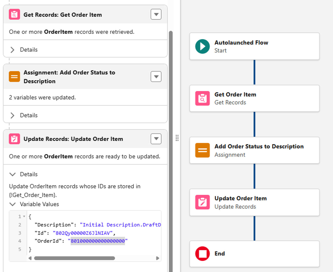 Salesforce Flow debug view showing Update Records supplied with a fake OrderId.