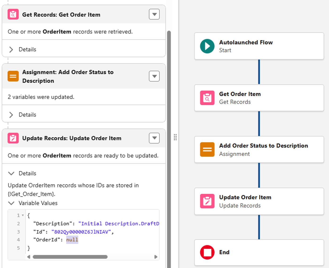 Salesforce Flow debug view showing Update Records supplied with a null OrderId.