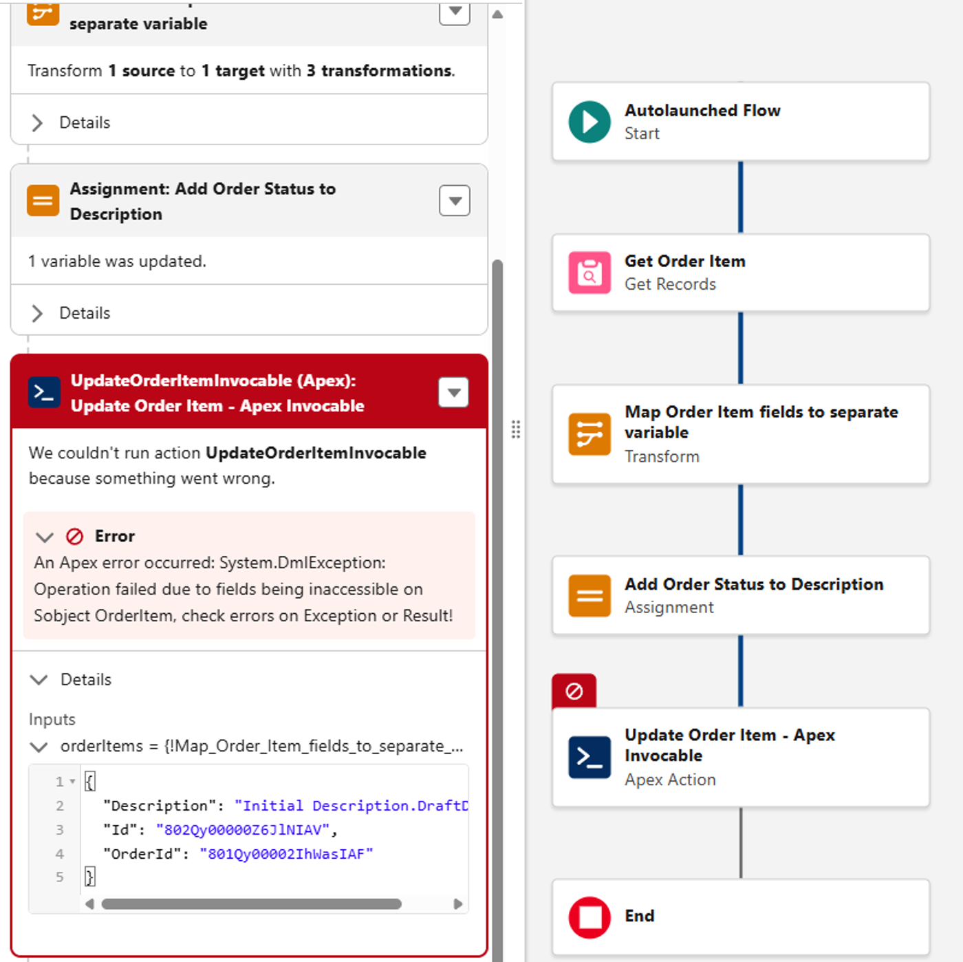 Salesforce Flow debug view showing a Transform that passes OrderId to an Apex Invocable Action and results in an error.