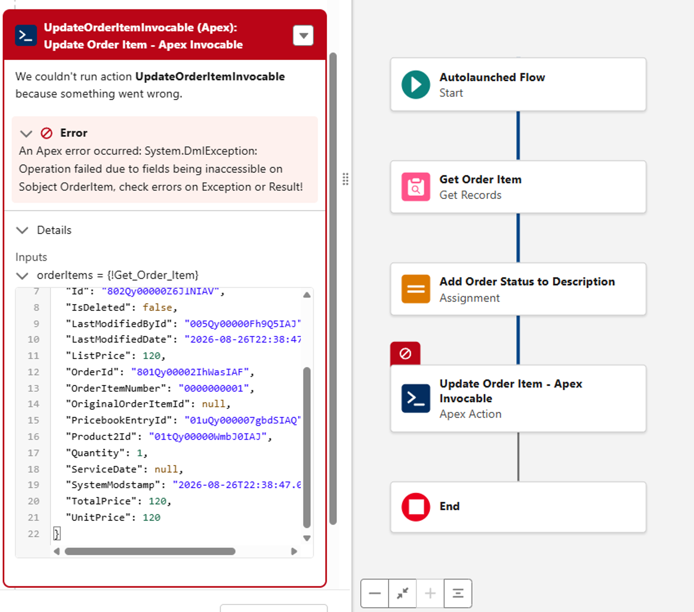 Salesforce Flow debug view showing an Apex Invocable Action failing with a fields being inaccessible error.