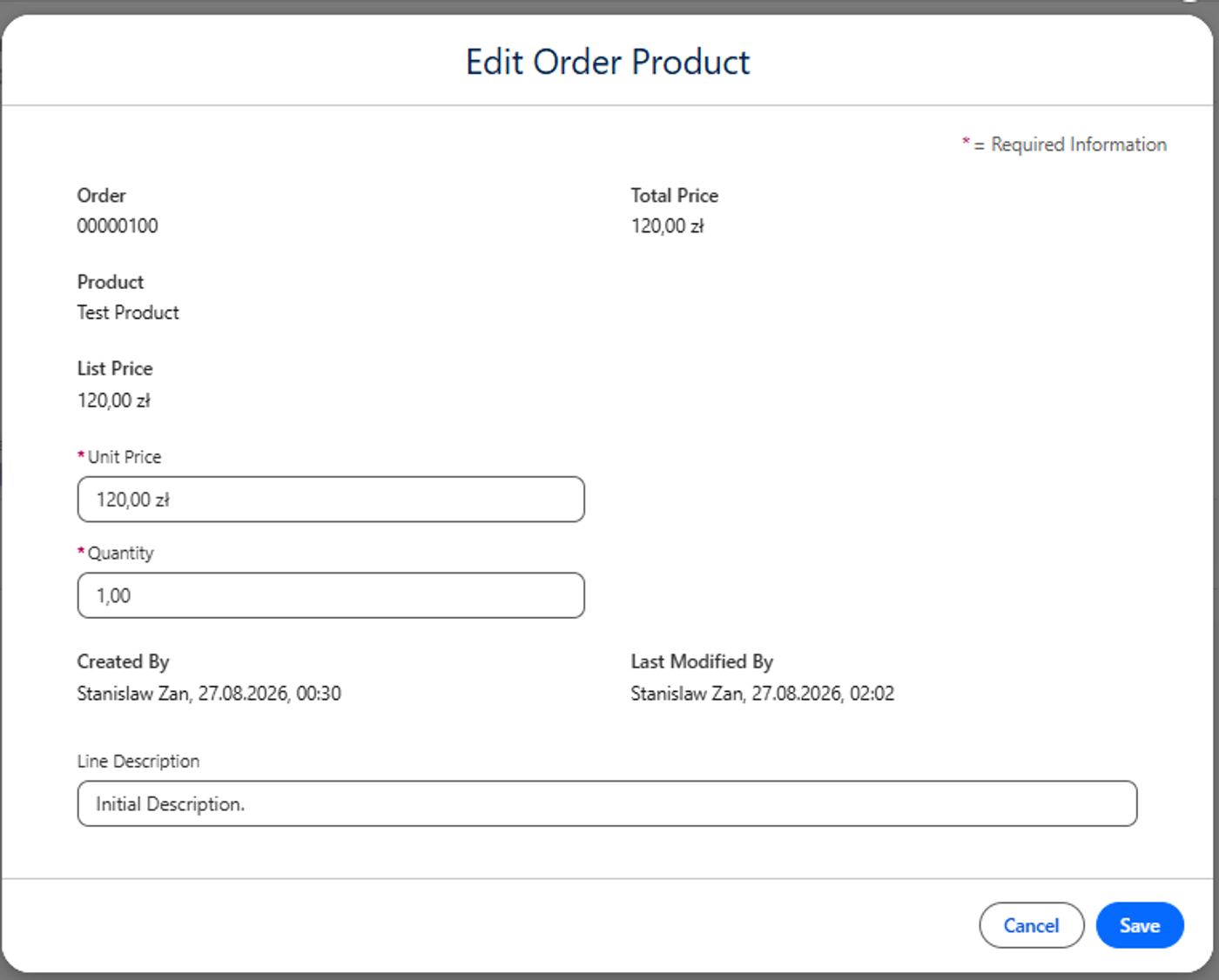 Edit Order Product modal in Salesforce showing the Order field as read-only