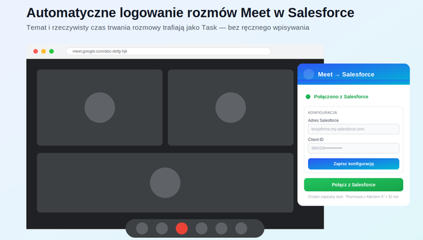 Wtyczka Chrome - Rejestrator spotkań Google Meet w Salesforce 