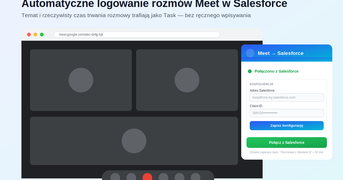 Wtyczka Chrome - Rejestrator spotkań Google Meet w Salesforce